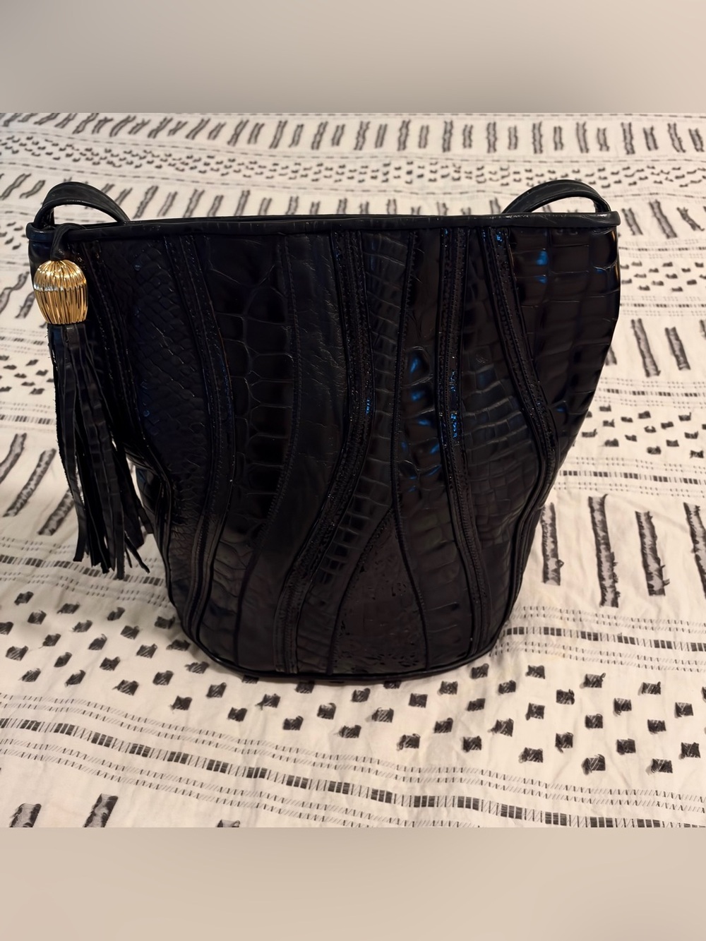 Vintage Park Avenue Int Leather Croc Patchwork Bucket Bag Tassel Made In USA